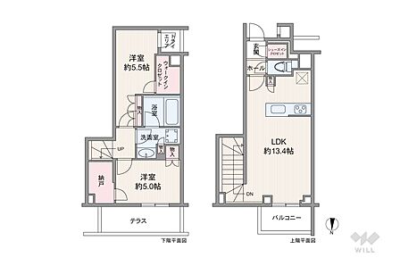 65.51平米の2LDK。LDK約13.4帖の戸建然としたメゾネットのプラン。ウォークインクローゼット等の収納が充実しています。柱がないため家具の配置がしやすい構造です。上下階にテラス、バルコニー付。