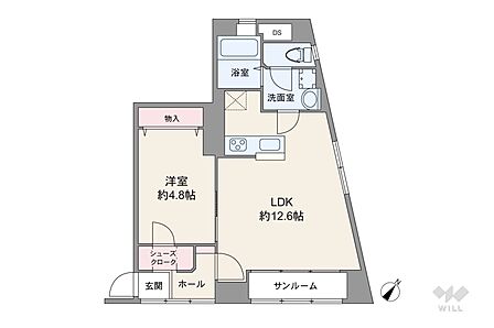 間取りは専有面積45.97平米の1LDK。室内廊下が短く居住スペースを広く確保したプラン。バルコニーはなく、サンルームが設けられています。