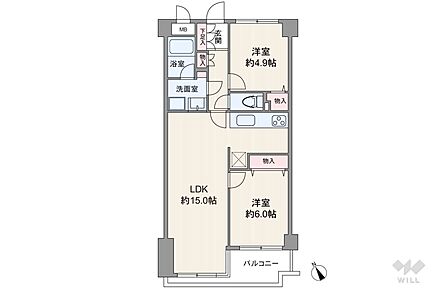 間取りは専有面積58.02平米の2LDK。バルコニー面積は4.97平米です。
