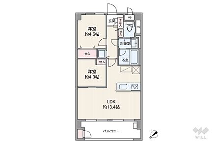 間取りは専有面積49.5平米の2LDK。LDK約13.4帖の横長リビングのプラン。バルコニー面積は6.9平米です。