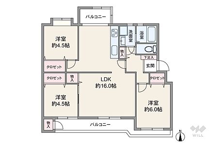 間取りは専有面積75.84平米の3LDK。LDKを含む3部屋がバルコニーに面した開放感のあるプラン。両面にバルコニーがあり、メインバルコニーには物入が設けられています。