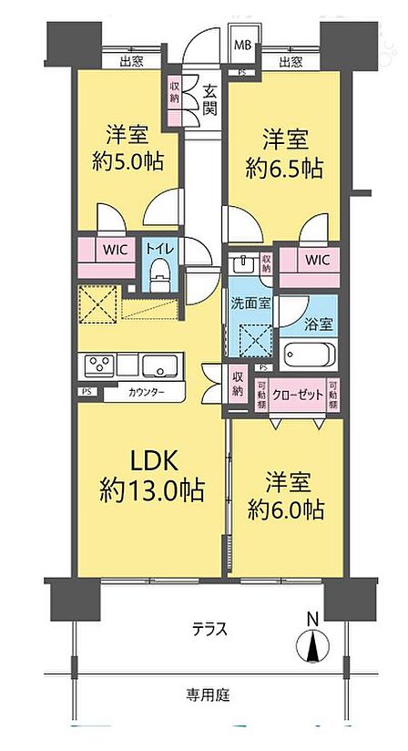 間取り3LDK+2WIC専有面積67.8?(壁芯)テラス面積12?