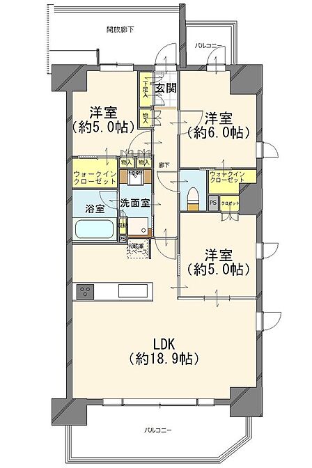 専有面積75.90平米の3LDK角住戸プランです。南東向きのリビングを中心に、洋室2箇所にウォークインクローゼットを備えています。3面採光で風通しも良くすっきり暮らせるお部屋です。