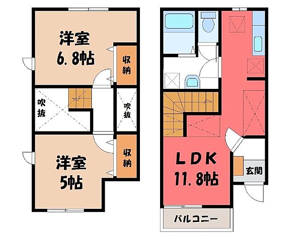 プロムナード・デニム A ｜栃木県宇都宮市下岡本町(賃貸テラスハウス2LDK・1階・56.51㎡)の写真 その2