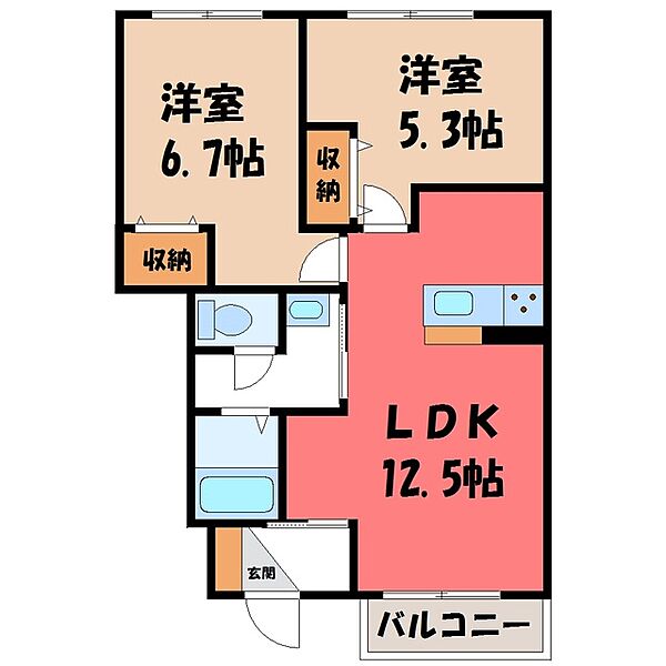 ル・ジャンティ ｜栃木県宇都宮市西原町(賃貸アパート2LDK・1階・53.61㎡)の写真 その2