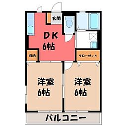 JR日光線 鶴田駅 徒歩14分の賃貸アパート 2階2DKの間取り