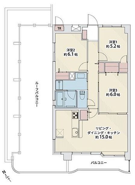 5階建て5階最上階部分・南西角部屋住戸につき、採光・通風・眺望良好な3LDKです。