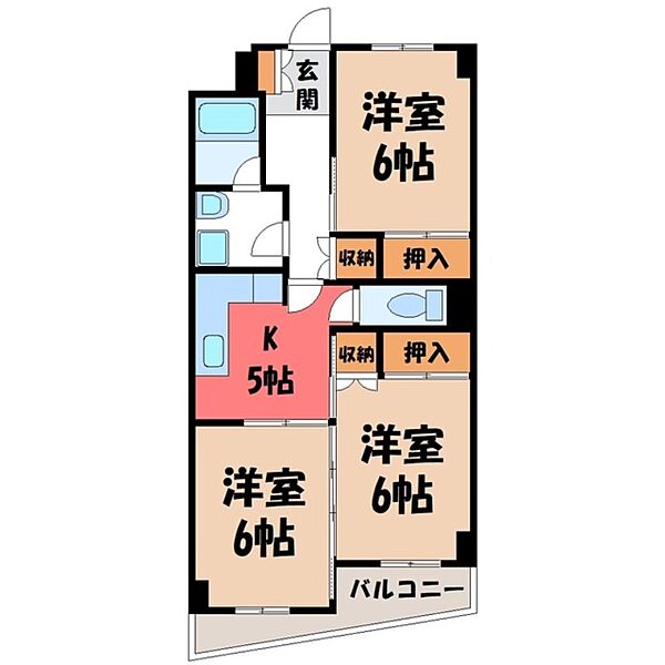 栃木県さくら市氏家(賃貸マンション3K・3階・55.89㎡)の写真 その2