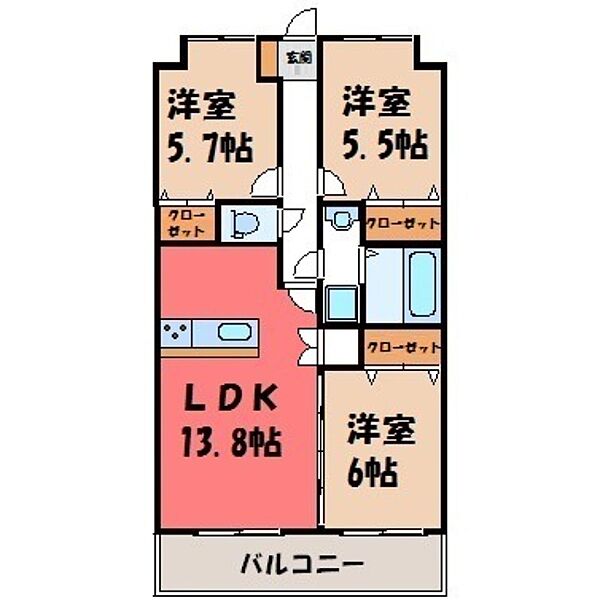 栃木県宇都宮市一の沢2丁目(賃貸マンション3LDK・4階・71.05㎡)の写真 その2