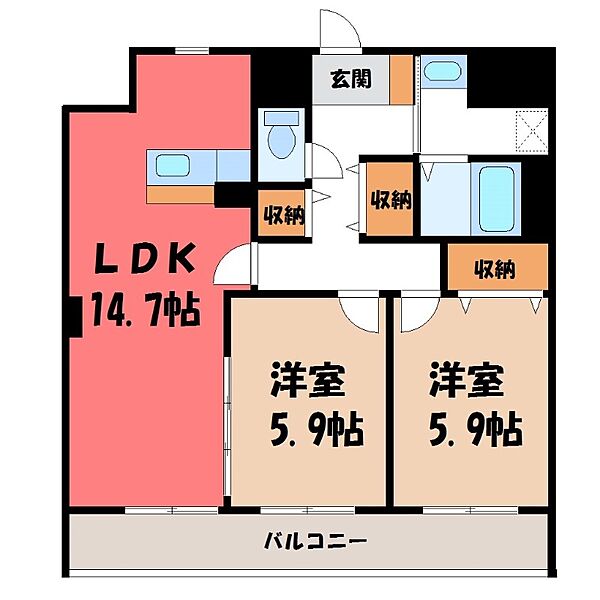 栃木県宇都宮市天神1丁目(賃貸マンション2LDK・1階・65.66㎡)の写真 その2