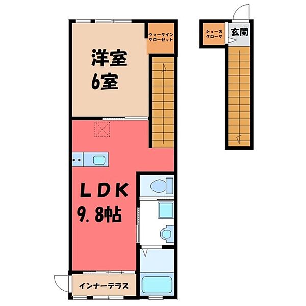 栃木県下野市柴(賃貸アパート1LDK・2階・43.20㎡)の写真 その2