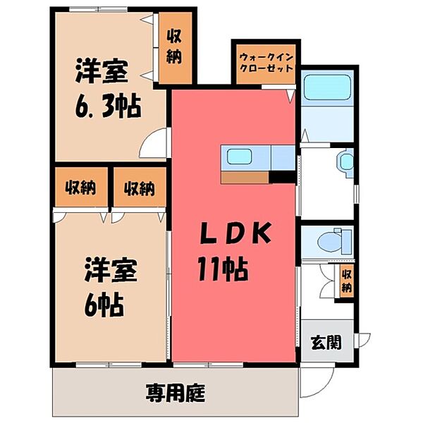 栃木県宇都宮市インターパーク1丁目(賃貸アパート2LDK・1階・54.50㎡)の写真 その2