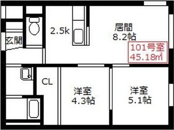 フォレストR-II 101｜北海道札幌市西区発寒二条2丁目(賃貸マンション2LDK・1階・45.18㎡)の写真 その2