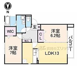 ヴェルブィルI 2階2LDKの間取り