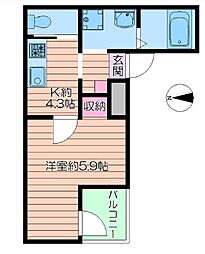 ルクス西川口 2階1Kの間取り