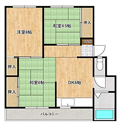 南海北野田グリーンハイツA棟 3DKの間取図画像