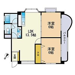 池の上ハイツ 2階2LDKの間取り