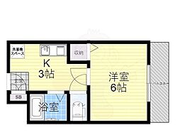 オウルハウス服部豊町 1Kの間取図画像