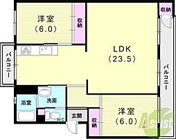 須磨一の谷グリーンハイツI棟 2LDKの間取図画像