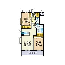 福岡市地下鉄七隈線 梅林駅 徒歩10分の賃貸マンション 1階2LDKの間取り