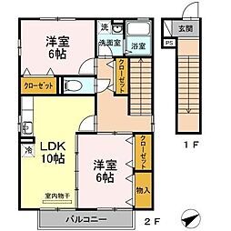 JR可部線 下祇園駅 徒歩13分の賃貸アパート 2階2LDKの間取り