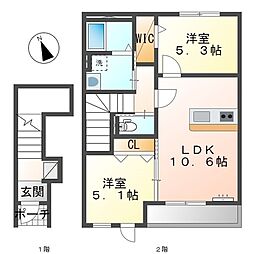 JR可部線 河戸帆待川駅 徒歩6分の賃貸アパート 2階2LDKの間取り