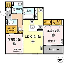 JR可部線 下祇園駅 徒歩14分の賃貸アパート 1階2LDKの間取り