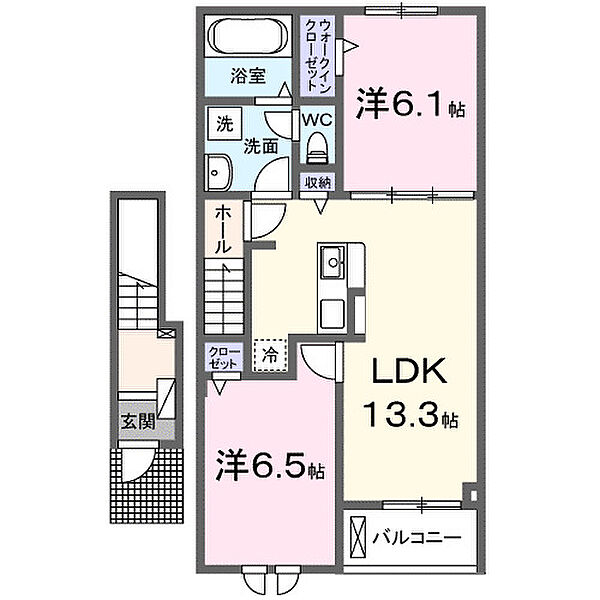 クレアールII　Ａ ｜広島県福山市御幸町大字森脇(賃貸アパート2LDK・2階・59.58㎡)の写真 その2