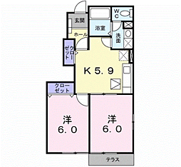 エヴァーグリーン吉富B棟 2Kの間取図画像