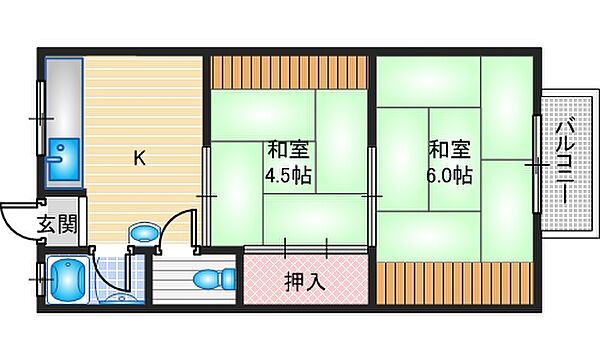 阪口ハイツ ｜大阪府摂津市鳥飼和道1丁目(賃貸アパート2K・1階・32.00㎡)の写真 その2