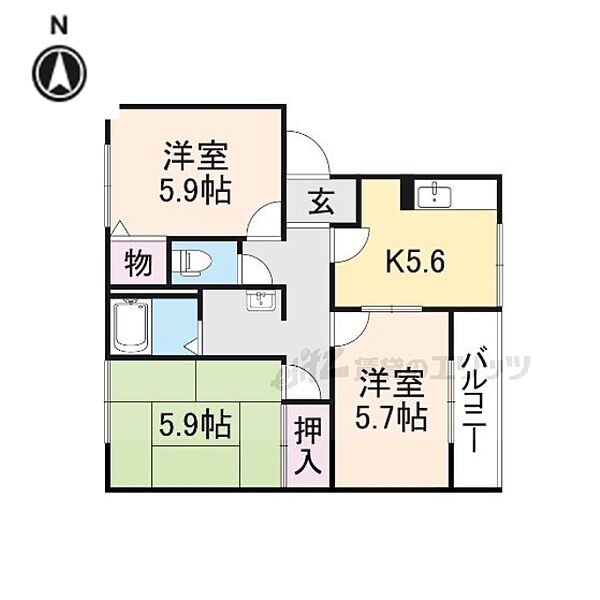 奈良県御所市大字蛇穴(賃貸アパート3K・2階・54.35㎡)の写真 その2