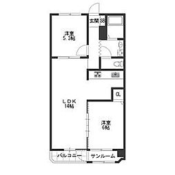 一番町ハウスN棟 2LDKの間取図画像