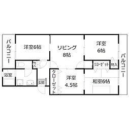 城ノ宮団地城の宮第二住宅14号棟-A 3LDKの間取図画像