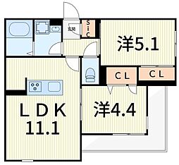 セレスティア細田B 2LDKの間取図画像