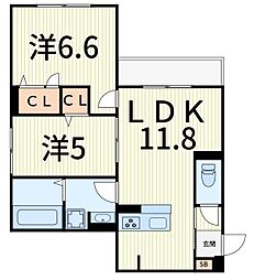 セレスティア細田B 2LDKの間取図画像