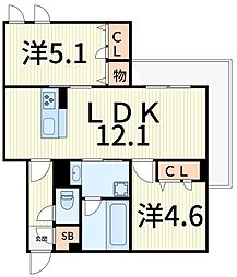 セレスティア細田A 2LDKの間取図画像