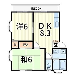ガーデンハウス山勝5 2DKの間取図画像