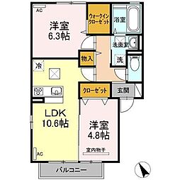 セジュール木の花 2LDKの間取図画像