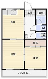 新開XVIII 2階2DKの間取り