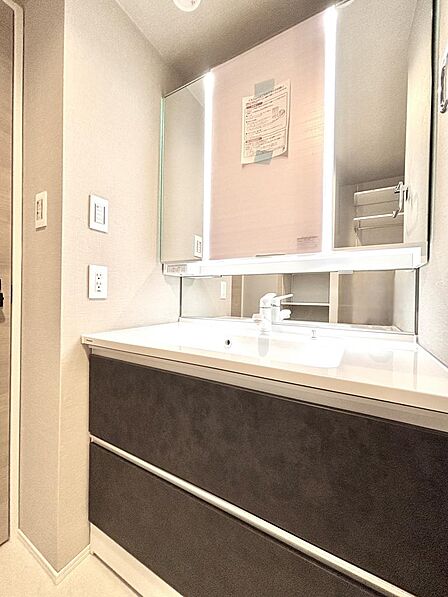 三面鏡付き洗面化粧台を採用した、使い勝手の良いパウダールーム