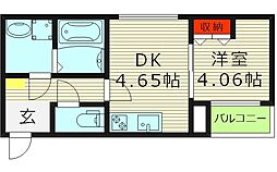 ドゥエリング高殿 2階1DKの間取り