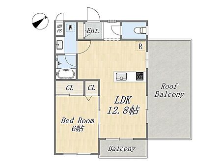 【間取り図】Plan:1LDK+ルーフバルコニー専有面積:41.20m2(12.46坪)