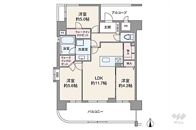 間取り:間取りは専有面積66.8平米の3LDK。LDKは約11.7帖です。 間取り:間取りは専有面積66.8平米の3LDK。LDKは約11.7帖です。
