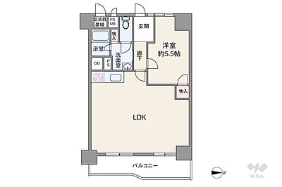 間取り：間取りは専有面積51.16平米の1LDK。バルコニー面積は8.49平米です。