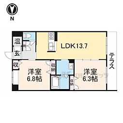 JR関西本線 王寺駅 徒歩16分の賃貸マンション 1階2LDKの間取り