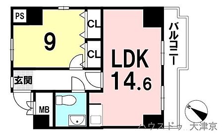 1LDK14.6帖の広々LDKが魅力。大きな窓から光が入り、開放感あふれる住空間です♪