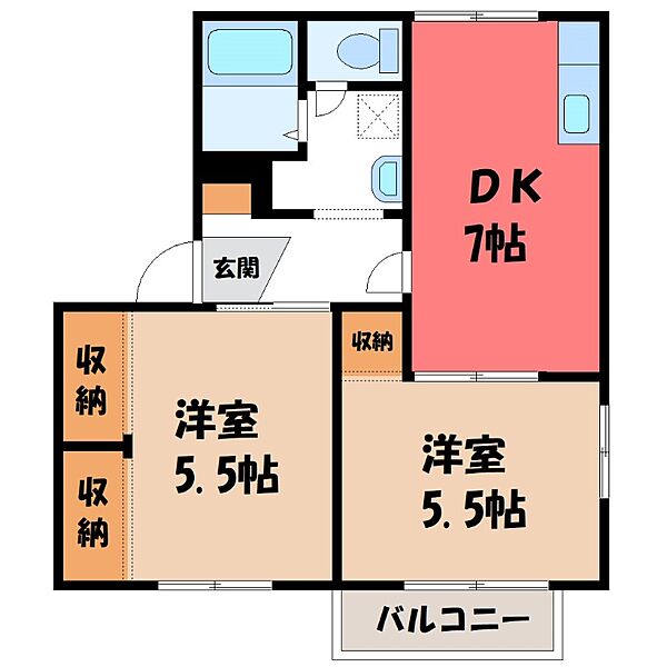 タウニー山一 A ｜群馬県伊勢崎市今泉町2丁目(賃貸アパート2DK・1階・45.38㎡)の写真 その2