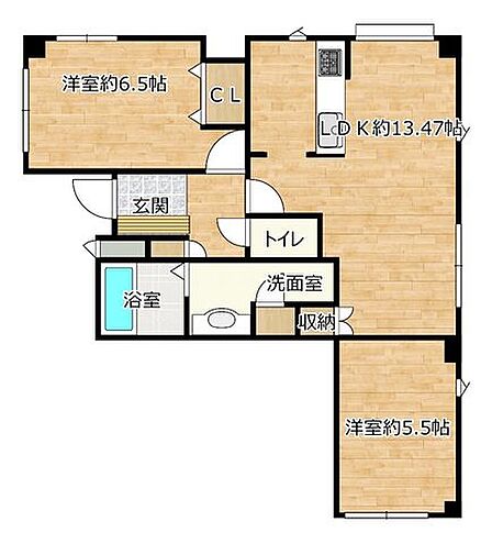 【間取り】洋室が2部屋に約13帖の対面キッチンのリビングです。