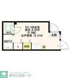ハーモニーテラス八幡山II 1階ワンルームの間取り
