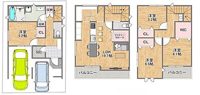 間取り：1階には、お風呂とゆったりとした、洗面室、トイレ、洋室シューズクローゼット2階には、広々パントリー、ファミリークローゼット、LDKは19.7帖、トイレ付、3階には、3部屋の洋室に手洗い付き